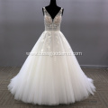 Puffy V Neck sexy Illusion Backless Sleeveless Wedding Gowns Dress Bridal